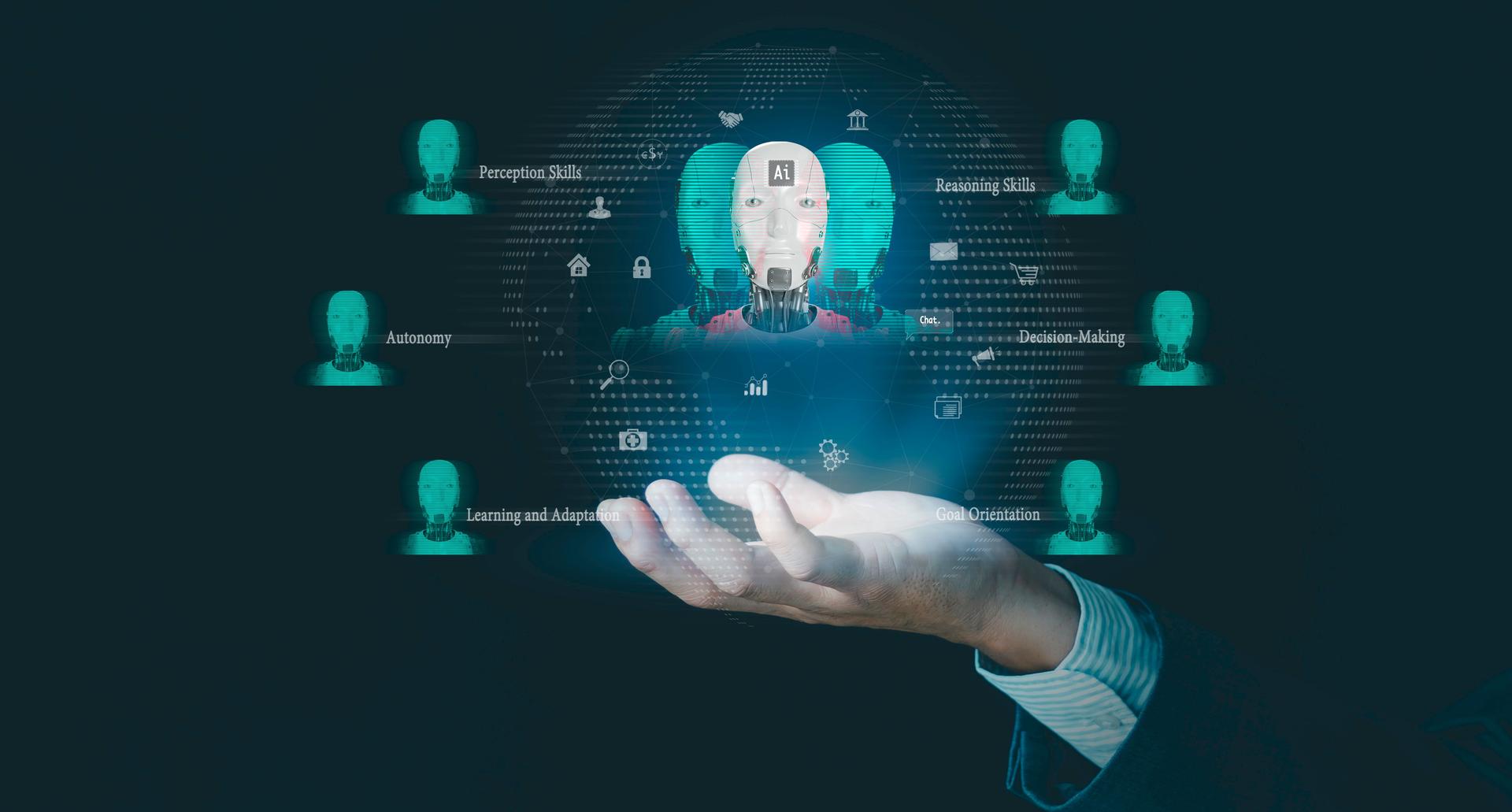 Agentic AI and generative artificial intelligence. robotic processes automation and data analysis, technologies machine learning and natural language processing to enable it to work on its owner